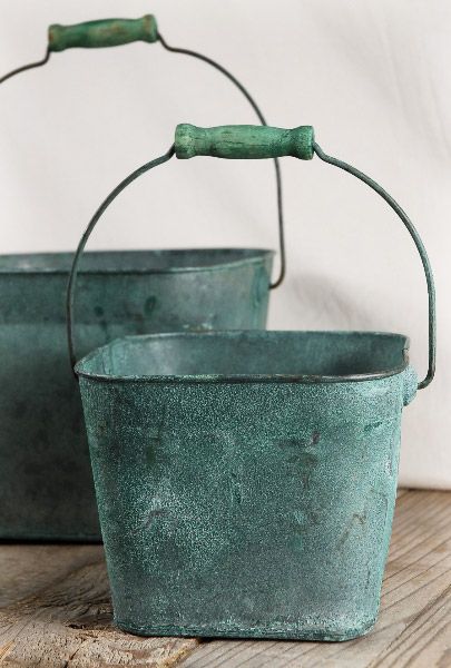 Metal Square  Buckets Verdigris Copper Green (set of two)  with Handles (6.5" & 8.5")  $22 set Metal Buckets, Galvanized Buckets, Metal Bucket, Cheap Crafts, Farm Signs, Tin Cans, Beach Cottage Decor, Green Copper, Galvanized Metal