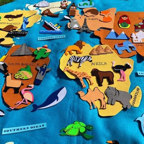 Occupations Preschool Theme Crafts, Felt Montessori, Around The World Crafts For Kids, Continents Activities, Social Studies Maps, Continent Map, Geography Games, Geography For Kids, Montessori Lessons