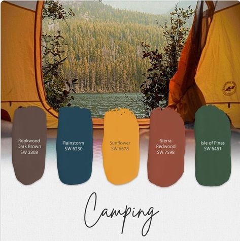 Vintage Summer Camp Color Palette, Camp Wedding Color Palette, National Park Bedroom Decor, Western Color Pallete, 70s Camping Aesthetic, Camping Color Palette, Western Color Scheme, National Park Color Palette, House Color Palettes