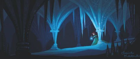 ANNA ENTERING ELSA'S ICE CASTLE - CAVE // VISUAL DEVELOPMENT FOR FROZEN Claire Keene, Snow Queen Movie, Anna Concept Art, Claire Keane, Frozen Castle, Olaf's Frozen Adventure, Ice Palace, Animation Illustration, Bg Design