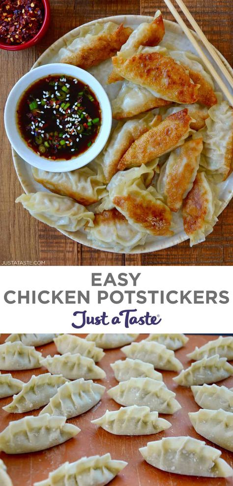 Easy Chicken Potstickers feature a mix of ground chicken, garlic, ginger and scallions all tucked inside a wonton wrapper. These crispy-bottomed potstickers are so easy to make and will totally rival your local takeout. And don’t forget the DIY potsticker sauce! #potstickersrecipe #potstickers #potstickersauce #chickenpotstickers #justatasterecipes Chicken Pot Stickers Recipe, Potsticker Sauce, Chicken Potstickers, Pot Stickers Recipe, Soy Dipping Sauce, Potstickers Recipe, Baked Orange Chicken, Wonton Wrapper Recipes, Chicken Wontons