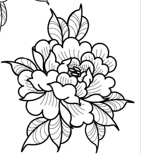 Linework Peony Tattoo, Line Work Stencil, Traditional Peony Tattoo Design, Pioni Tattoo, Peony Knee Tattoo, Trad Flower Tattoo, Old School Flower Tattoo, Ornamental Flower Tattoo, 1994 Tattoo