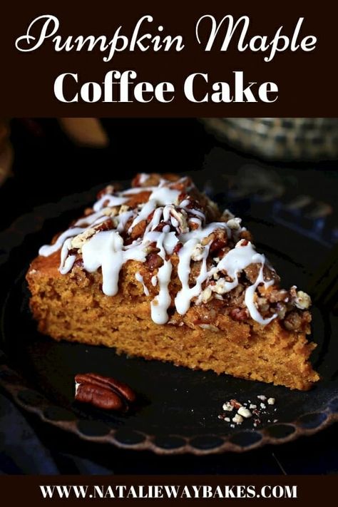 Incredibly moist Gluten-Free Pumpkin Maple Coffee Cake with a Pecan Streusel and drizzled with a sweet maple glaze. This delicious cake is also dairy free and filled with warm fall spices. An easy pumpkin cake that's perfect for your holiday table. #glutenfreeanddairyfree #pumpkincake #coffeecake #easy Maple Glaze Cake, Gluten Free Pumpkin Coffee Cake, Gluten Free Pumpkin Bread With Streusel Topping, Pumpkin Spice Cake Gluten Free, Pumpkin Coffee Cake With Maple Glaze, Pumpkin Coffee Cake Healthy, Paleo Pumpkin Coffee Cake, Pumpkin Pecan Coffee Cake, Gluten Free Pumpkin Cheesecake