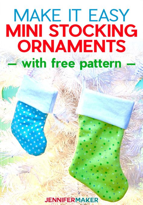 Make Mini Stocking Ornaments with Loops with a free pattern and SVG cut file — includes a lining and functional cuff! #sewing #cricut #christmas Christmas Sewing Gift Ideas, Crochet Christmas Ornaments Free Patterns, Christmas Stocking Pattern Free, Stocking Pattern Free, Fabric Christmas Stocking, Christmas Stockings Sewing, Stocking Ornaments, Jennifer Maker, Crochet Christmas Ornaments Free