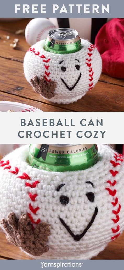 Free Baseball Can Cozy crochet pattern using Red Heart Super Saver yarn. This stylish cozy is a fun gift for Father’s day and perfect for keeping drinks cold while watching the game! Our Baseball Can Cozy has loads of personality, making it perfect for giving to your favorite baseball fans. #yarnspirations #freecrochetpattern #crochetcancozy #cancozy #drinkcozy #fathersday #giftideas #diygift #baseball #redheartsupersaver #supersaveryarn Crochet Fathers Day Gifts Free Pattern, Baseball Crochet Pattern, Can Cozy Crochet, Male Teacher Gifts, Can Cozy, Red Heart Super Saver Yarn, Heart Baseball, Crochet Hot Pads, Drink Cozies