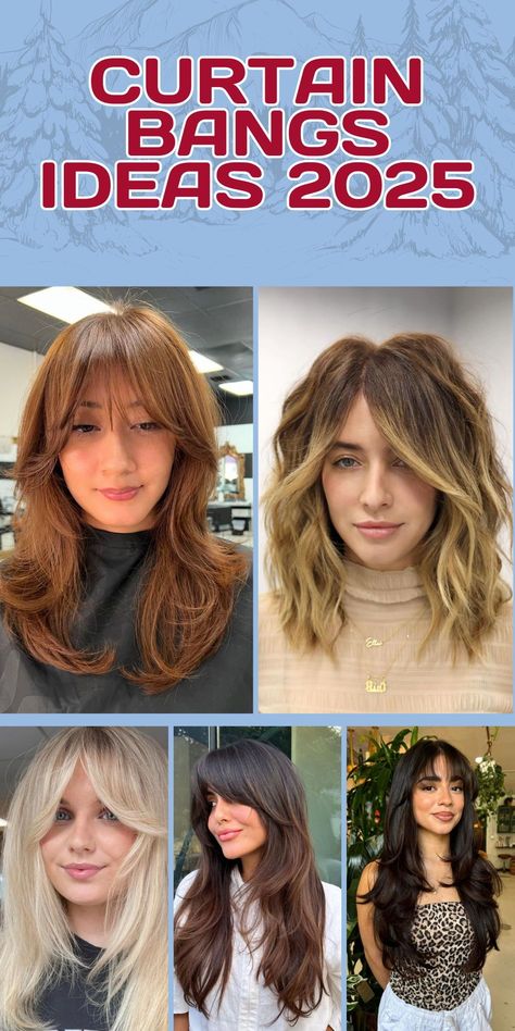 Curtain bangs ideas 2025 enhance long hair haircut designs or medium hair layers with face framing wispy bangs. Ideal for round faces, this style works well for short haircut curly or sleek straight hair. Add a modern twist with a wolf cut or opt for Korean-inspired layers, creating cute hairstyles for all occasions