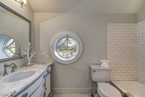 Unique and Compelling Round Windows for Every Room Classic White Bathrooms, Bedroom Deck, Round Windows, Bedroom Ensuite, Round Window, Dutch Colonial, Chevy Chase, Bedroom Views, Ensuite Bathroom