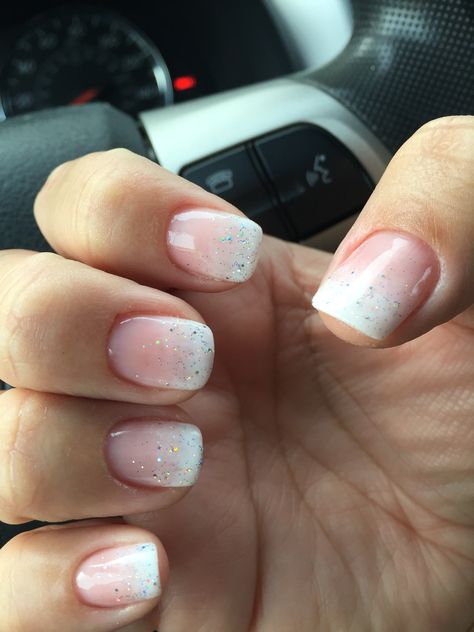 French Ombre Nails with silver glitter tips Ombre French Tips With Glitter, Ombre French Manicure Glitter, French Ombré Glitter, Ombré French Tip With Glitter, Ombre Nails With Art Designs, French Ombre With Glitter, French Ombre Nails With Glitter, French Ombré With Glitter, French Manicure With Glitter Tips