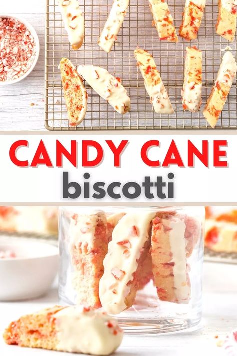 This biscotti recipe mixes crushed candy canes into the dough for Christmas cheer! Dip in white chocolate or don't, they are delicious with a cup of hot cocoa or coffee! Peppermint Biscotti, Candy Cane Cookie Recipe, Easy Biscotti Recipe, Candy Cane Recipe, Cup Of Hot Cocoa, Christmas Yummies, Brunch Bread, Xmas Treats, Candy Cane Cookies