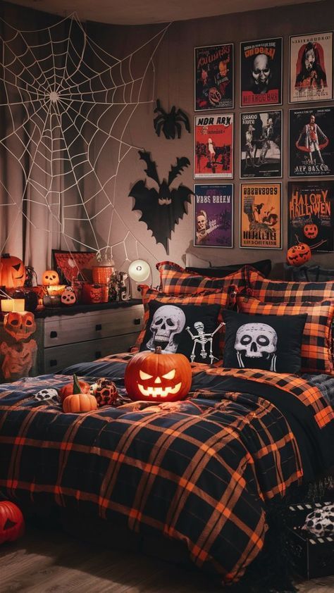 Halloween Theme Bedroom, Cozy Halloween Bedroom, Spooky Bedroom, 200 Aesthetic, Indoor Halloween Decorations, Halloween Bedroom Decor, Cozy Halloween, Halloween Room, Halloween Bedroom