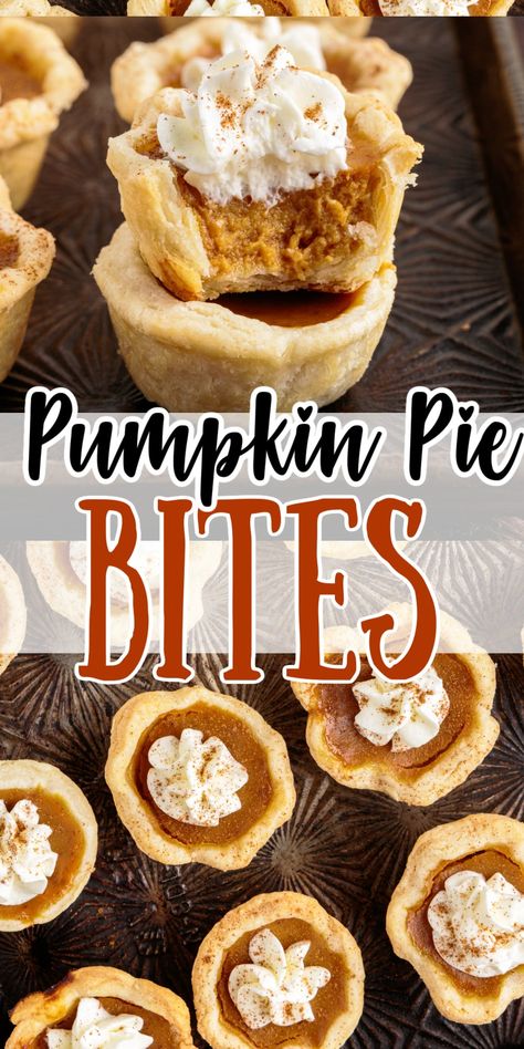 Thanksgiving Pie Bites, Pumpkin Pie Flavored Desserts, Pumpkin Pie Bites From Pie, Pumpkin Pie Ideas Thanksgiving Desserts, Bite Size Pumpkin Pie, Harvest Dessert Ideas, Mini Pumpkin Bites, Mini Pumpkin Pie Cookies, Pie Bites Recipes