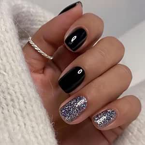 Short Press on Nails Square New Year Colors, Gel Made Solid Color Black Glitter Glossy Nail Decoration Acrylic Nails, False Nails Stick Glue on Nails Kit, 24 Pcs New Year Colors, Press On Nails Square, Nails Kit, Short Press On Nails, Gel Acrylic Nails, Nails Square, Glitter Decor, Nail Length, Glitter Gel