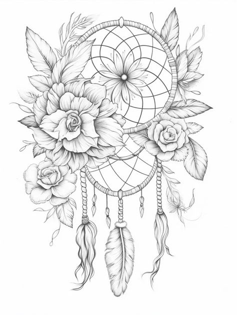 Tattoos Half Sleeve Women, Dreamcatcher Tattoo Thigh, Dreamcatcher Mandala Tattoo, Dream Catcher Coloring Pages, Cute Pictures To Draw, Dream Catcher Tattoo Design, Western Tattoos, Dream Catcher Tattoo, Heart Coloring Pages