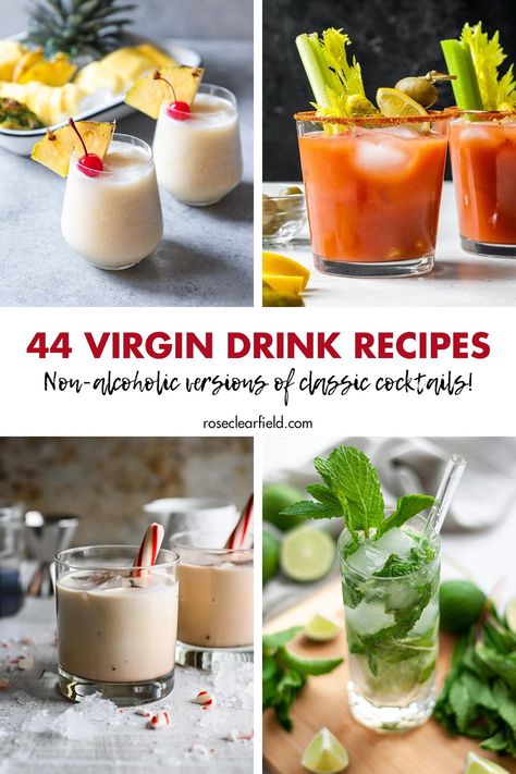 A round-up of 44 virgin cocktail drink recipes! Non-alcoholic versions of so many classic cocktails: margaritas, Pimm's cups, Manhattans, Tom Collins, mojitos, pina coladas, and much more. Perfect for entertaining all year round. #nonalcoholic #virgindrinks #drinkrecipes Virgin Cocktails Recipes Non Alcoholic, Best Virgin Cocktails, Pins Colada Mocktail, Mocktail Pina Colada Recipe, How To Make A Tom Collins Drink, Virgin Drink Recipes, Virgin Cocktail Recipes, Tom Collins Recipe, Super Bowl Drinks