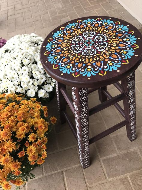 Mandala Antique hand painted wooden stools | Etsy Chair Painting, Painted Tables, Wood Mandala, Business Decoration, Painting Table, Hand Painted Chairs, Painted Stools, Art Hobby, Hand Painted Table