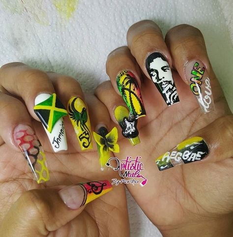 Bob Marley Nails, Happy Independence Day Jamaica, Jamaica Nails, Nail Looks, Polygel Nails, July Nails, Spring Nail Art, Pretty Nail Art, Nail Designs Spring