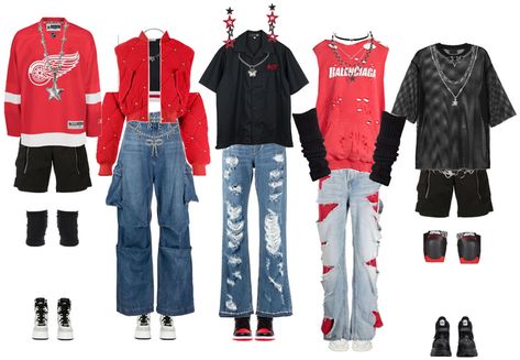 Teeslooks on ShopLook | The easiest way to find the perfect outfit Black Mesh Shirt, Ateez Treasure, Black Leg Warmers, Red Denim Jeans, Group Outfits, Red Jordans, Mesh Shirt, Balenciaga Mens, Black High Tops