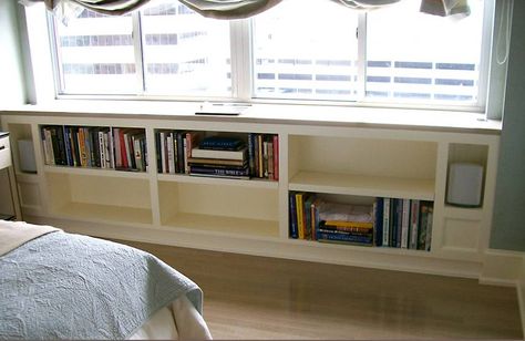 Book shelves under low window in playroom Under The Window Bookshelf, Low Bookcase Under Window, Bookcase Under Window, Under Window Bedroom, Under Window Shelf, Window Seat Bookshelf, Shelf Under Window, Study Shelves, Low Window