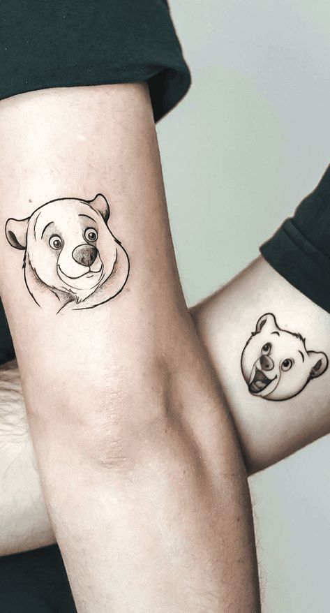 Brother Bear Matching Tattoo, Brother And Brother Tattoos, Tattoo With Brother, Brothers Tattoo Design, Cartoon Bear Tattoo, Brothers Tattoo Ideas, Tattoo Brother And Sister, Little Bear Tattoo, Tattoo For Brother