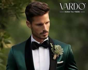 Emerald Green Tuxedo Wedding Groom, Wedding Suits Groom Emerald Green, Mens Emerald Green Suit, Groomsmen Attire With Emerald Green, Black Green Suit Men, Green Wedding Menswear, Emerald Green And Black Suit Men, Green Vest Suit Men, Emerald Green And Turquoise Wedding