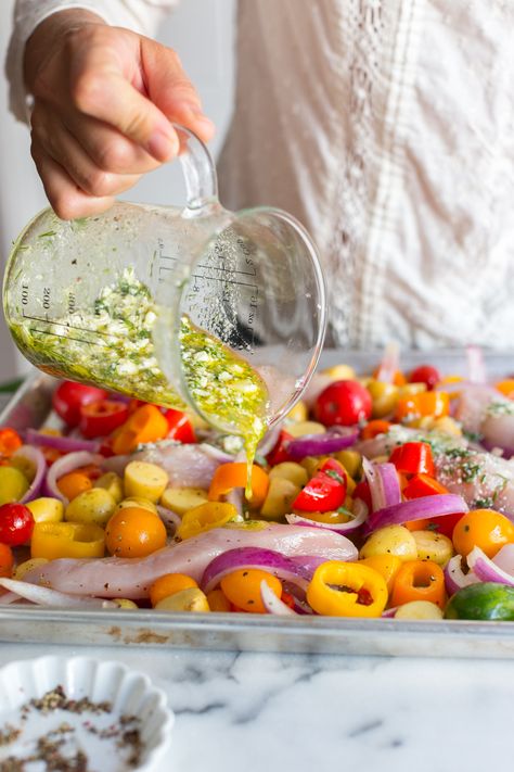 Adding marinade to the Herby Feta Lemon Chicken and Veggie Sheet Pan Dinner recipe by Baking The Goods Sheet Pan Dinners Greek, Inspired By Charm Recipes, Italian Sheet Pan Chicken, Small Group Meal Ideas, One Sheet Chicken And Veggies, Greek Chicken Sheet Pan Dinner, Veggie Heavy Dinner, Healthy Dump Dinners, Sheetpan Dinner Recipes