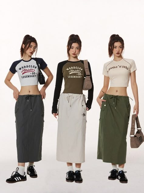 Parachute Skirt Outfit Winter, Acubi Long Skirt, Cargo Skort Outfit, Black Parachute Skirt Outfit, Y2k Outfits With Skirt, Cargo Long Skirt Outfit, Korea Summer Outfit, Wrap Around Skirt Outfit, Parachute Skirt Outfit