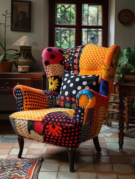 Whimsical Painted Furniture Ideas, Patchwork Armchair, Chair Painting, Patchwork Furniture, Painted Furniture Ideas, Quirky Furniture, Whimsical Painted Furniture, Patterned Furniture, Funky Chairs