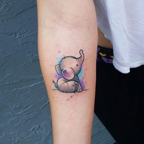 Watercolor Baby Elephant Tattoo - Inner Arm Tattoo Tattoos Elephant, Baby Elephant Tattoo, Tiny Elephant Tattoo, Cute Elephant Tattoo, Tato Henna, Thailand Tattoo, Elephant Tattoo Design, Small Elephant, Elephant Tattoo