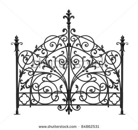 Black forged gates with decorative lattice isolated on white background Wrought Iron Headboard, Headboard Wall Decal, Wrought Iron Garden Gates, Iron Headboard, Burglar Bars, Iron Garden Gates, Wrought Iron Beds, Gothic Bedroom, Wrought Iron Furniture