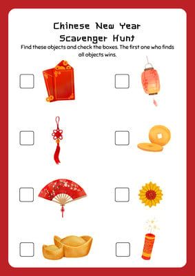 Scavenger Hunt Printable, Worksheet Template, Scavenger Hunt, Printable Worksheets, Chinese New Year, Red And White, Red, White