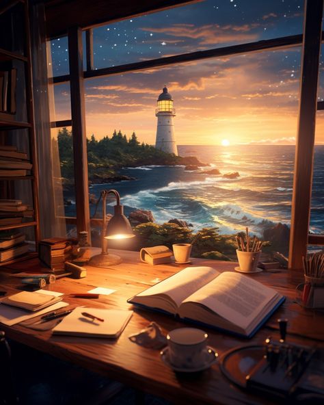 #journaling #journal #desk #oceanview #books #lighthouse Lighthouse Illustration, Lofi Vibes, Poetic Photography, Ocean Illustration, Playful Art, Lighthouse Art, Islamic Caligraphy Art, Business Board, Fantasy Worlds