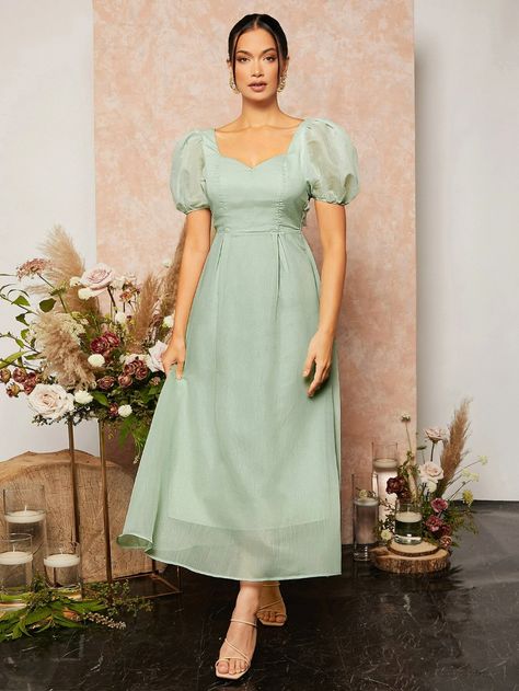 Sage Green Bridesmaid Dresses Puff Sleeve, Puff Sleeve Bridesmaid Dress, Puff Sleeve Dress Formal, Mint Green Dress Outfit, Mint Green Wedding Dress, Brides Maid Gown, Green Dress Outfit, Puffy Sleeve Dress, Mesh Bridesmaids Dress