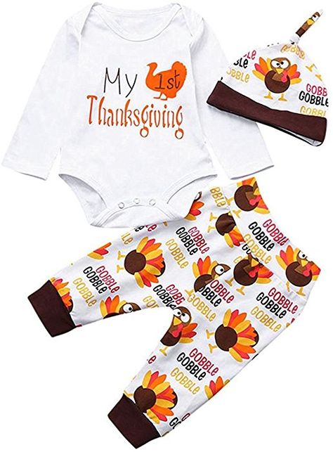 Amazon.com: GRNSHTS Baby Girls Boys 3Pcs "My 1st Thanksgiving " Thanksgiving Pants Set with Hat (White, 80 / 3-6 Months): Clothing Newborn Baby Boy Clothes, Boy Thanksgiving Outfit, My First Thanksgiving, 1st Thanksgiving, Turkey Print, Thanksgiving Baby Outfits, Thanksgiving Clothes, Girls Thanksgiving, Pocket Jumpsuit