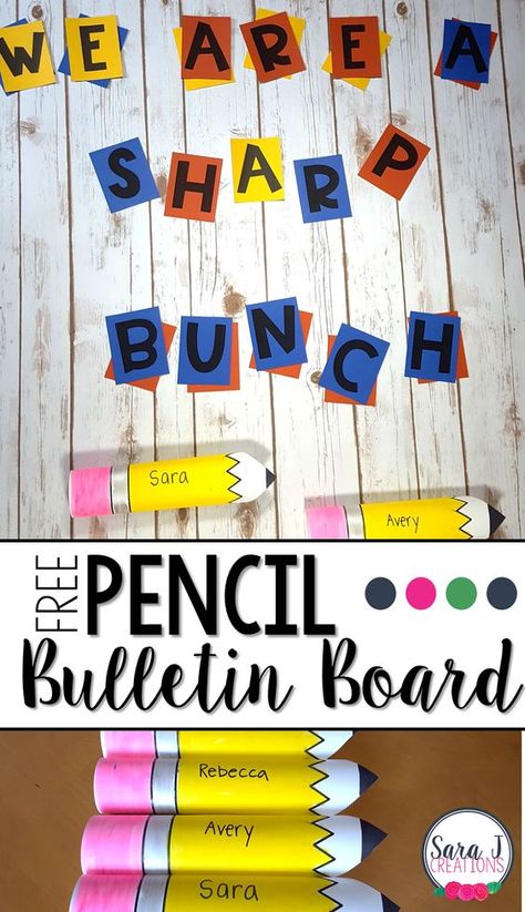 Free back to school bulletin board idea that includes free pencil printables and letter so you can DIY Pencil Theme Classroom Door, September Bulletin Board Ideas Kindergarten, Pencil Bulletin Board Back To School, We Stick Together Bulletin Board, Pencil Classroom Decor, Pencil Bulletin Board, Preschool Provocations, Pencil Template, Crayon Bulletin Boards