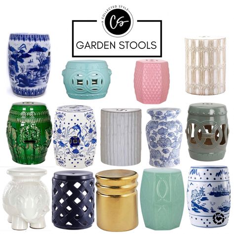 Green Garden Stool, Blue And White Garden Stool, Garden Stools Outdoor Ideas, Ceramic Stool Decor Side Tables, Chinoiserie Garden Stool, Garden Stools Outdoor, Side Table Nursery, Garden Stool Living Room, Hamptons Style Garden