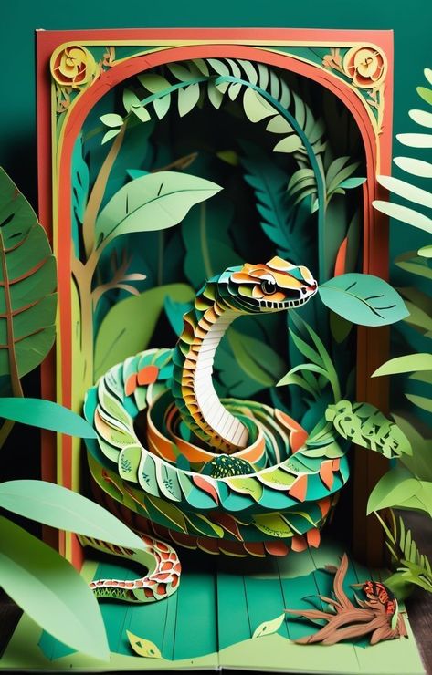 Fantasy Book Illustration, Art Snake, Snake Crafts, Lush Jungle, Paper Installation, Paper Cutout Art, Snake Art, Fantasy Book, Futuristic Art