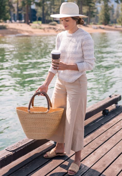 8.18 summer comforts (Jenni Kayne striped sweater + Rag & Bone tee + Vince cropped pants + St Agni sandals + Jenni Kayne hat & bag) St Agni, Jenni Kayne, Gal Meets Glam, Striped Sweater, Stripe Sweater, Rag & Bone, Cropped Pants, Straw Bag, Sandals