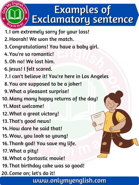 20 Examples of Exclamatory Sentence » OnlyMyEnglish Teaching Aids For English Grammar, Exclamatory Sentences, Types Of Sentences Worksheet, Kinds Of Sentences, School Life Quotes, Sentence Examples, Types Of Sentences, English Grammar Worksheets, Hanuman Images