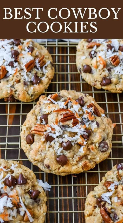 These soft, chewy, chunky Cowboy Cookies are made with oats, chocolate chips, shredded coconut, and pecans making them perfectly sweet, salty, nutty, and hearty. This is the best Cowboy Cookies recipe! Best Cowboy Cookies, Chunky Cookie Recipe, Cowboy Cookies Recipe, Coconut Pecan Cookies, Cowboy Cookie Recipe, Oats Chocolate, Coconut Chocolate Chip Cookies, Cowboy Cookies, Pecan Cookies