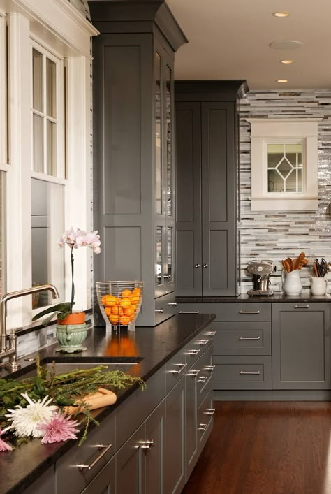 Dark Gray Kitchen Cabinets With Black Countertop, Gray Kitchen Cabinets With Black Counter, Dark Countertops Grey Cabinets, Gray Cabinets Gray Countertop, Dark Countertops Dark Cabinets, Dark Gray Kitchen Cabinets Farmhouse, Charcoal Grey Kitchen Cabinets With Black Countertop, Black Countertops With Gray Cabinets, Gray Kitchen Cabinets Dark Countertops