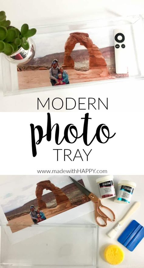 Modern DIY Photo Tray | Personalized Photo Gifts | Modern Acrylic Tray | Photoshop Elements | www.madewithhappy.com Free Jewelry Making Projects, Photo Tray, Easy Diy Costumes, Diy Headboards, Crafts Decor, Photo Backdrops, Diy Chandelier, Diy Christmas Decorations Easy, Diy Shed