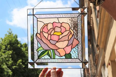 Peony Flower Pink Suncatcher. Stained Glass Home Decor Panel - Etsy Stained Glass Home, Garden Window, Glass Home Decor, Tiffany Stained Glass, Glass Home, Garden Windows, Glass Pictures, Peony Flower, Window Wall