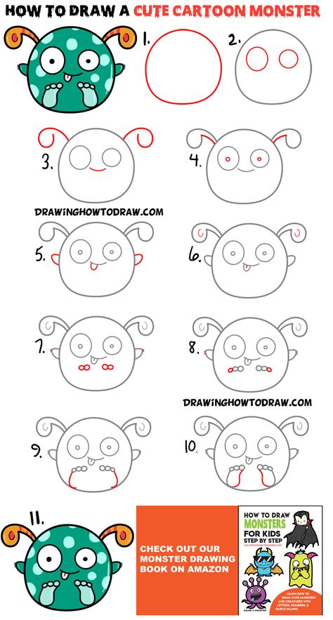 Learn How to Draw a Cute Cartoon Monster - Super Easy Step by Step Drawing Tutorial for Kids and Beginners How To Draw A Cute Monster, Cute Monsters Drawings Easy, How To Draw A Monster, Draw A Monster, Draw Monster, Doodle Easy, Cartoon Tutorial, Draw Cartoons, Cute Monsters Drawings