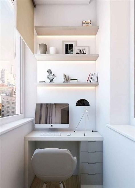 47 Turning Small Balcony into Home Office Ideas - Unique Balcony & Garden Decoration and Easy DIY Ideas Small Balcony Furniture, Balcon Mic, Tiny Home Office, Small Home Offices, Balkon Design, Balcony Furniture, Bilik Tidur, Small Room Design, Small Home Office