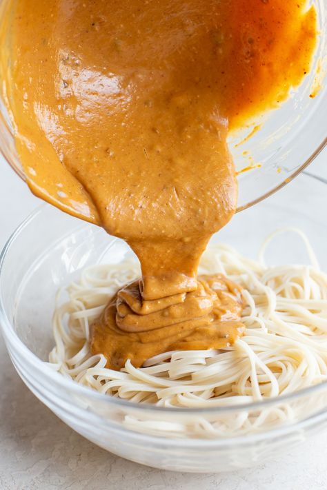 These 5-Minute Creamy Peanut Noodles are ready in a flash - the perfect easy vegan meal! Made with gluten-free rice noodles, you can make the simple 5-ingredient miso peanut sauce while the noodles soak. This recipe yields one serving but is easy to multiply as needed. Peanut Sauce Noodles, Gluten Free Chili, Vegetable Noodles, Peanut Noodles, Gluten Free Rice, Vegan Meal, Sauteed Mushrooms, Natural Peanut Butter, Peanut Sauce