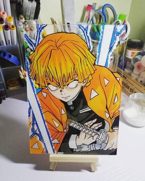 Agatsuma Zenitsu glass painting Zenitsu Painting Canvas, Zenitsu Glass Painting, Zenitsu Line Art, Glass Anime Painting, Zenitsu Painting, Demon Slayer Painting, Anime Glass Painting, Anime Canvas Painting, Pokemon Painting