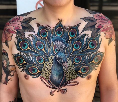 Peacock Chest Tattoo | Tattoo Ideas and Inspiration Peacock Neck Tattoo, Peacock Chest Tattoo, Peacock Tattoo Men, Peacock Back Tattoo, Neo Traditional Bird Tattoo, Peacock Tattoo Sleeve, Tattoo Rework, Neo Traditional Chest Tattoo, Tattoo Peacock