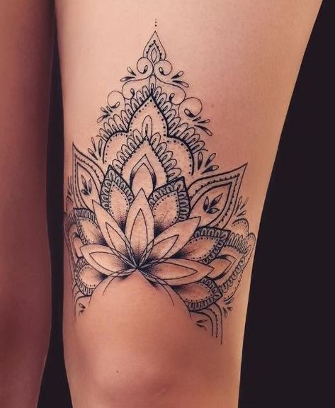 Flowers Down Leg Tattoo, Mandala Above Knee Tattoos Women, Small Tattoos On Leg For Women, Above Knee Mandala Tattoo, Half Lotus Tattoo, Tattoo Thigh Women, Been Tattoo, Mandala Leg Tattoo, Mandala Floral Tattoo Design