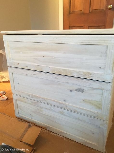 Ikea Tarva Dresser To"Restoration Hardware" Inspired Nightstand Staining Ikea Pine Furniture, Whitewashing Furniture, White Wash Dresser, Stain Over Paint, Tarva Dresser, Stained Dresser, Ikea Dresser Hack, White Wash Stain, Ikea Tarva Dresser