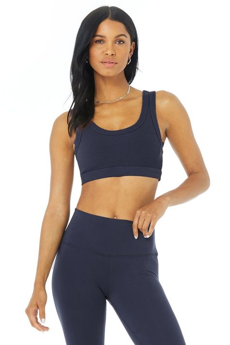 Wellness Bra - True Navy | Alo Yoga Yoga Wellness, Workout Tights, Back Women, Best Yoga, Corset Style, Alo Yoga, Yoga Wear, Sweatshirt Dress, Ribbed Fabric